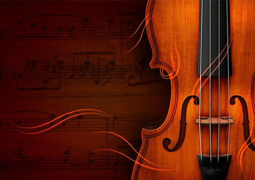 photo of a violin over musical notes